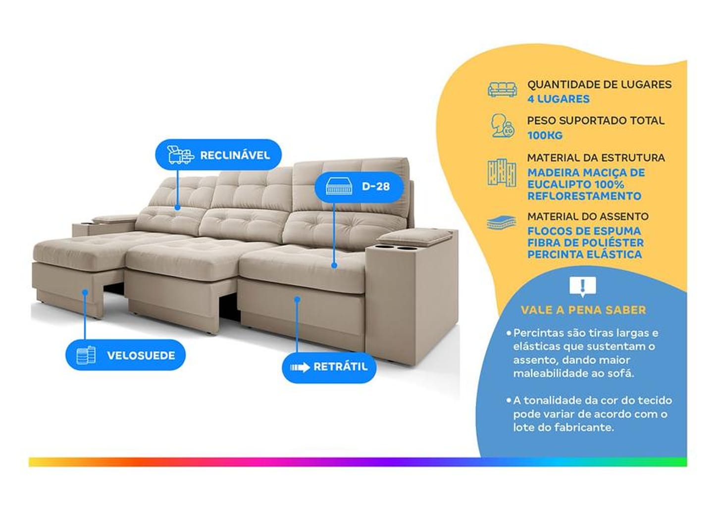 Sofá 4 Lugares Retrátil Reclinável Velosuede Neon Next Sofás