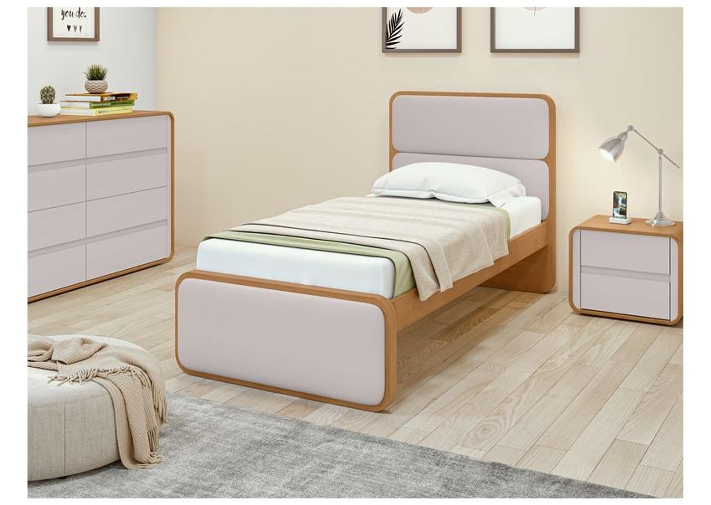 Cama de Solteiro Móveis Lopas Loop Amêndoa Clean e Bege