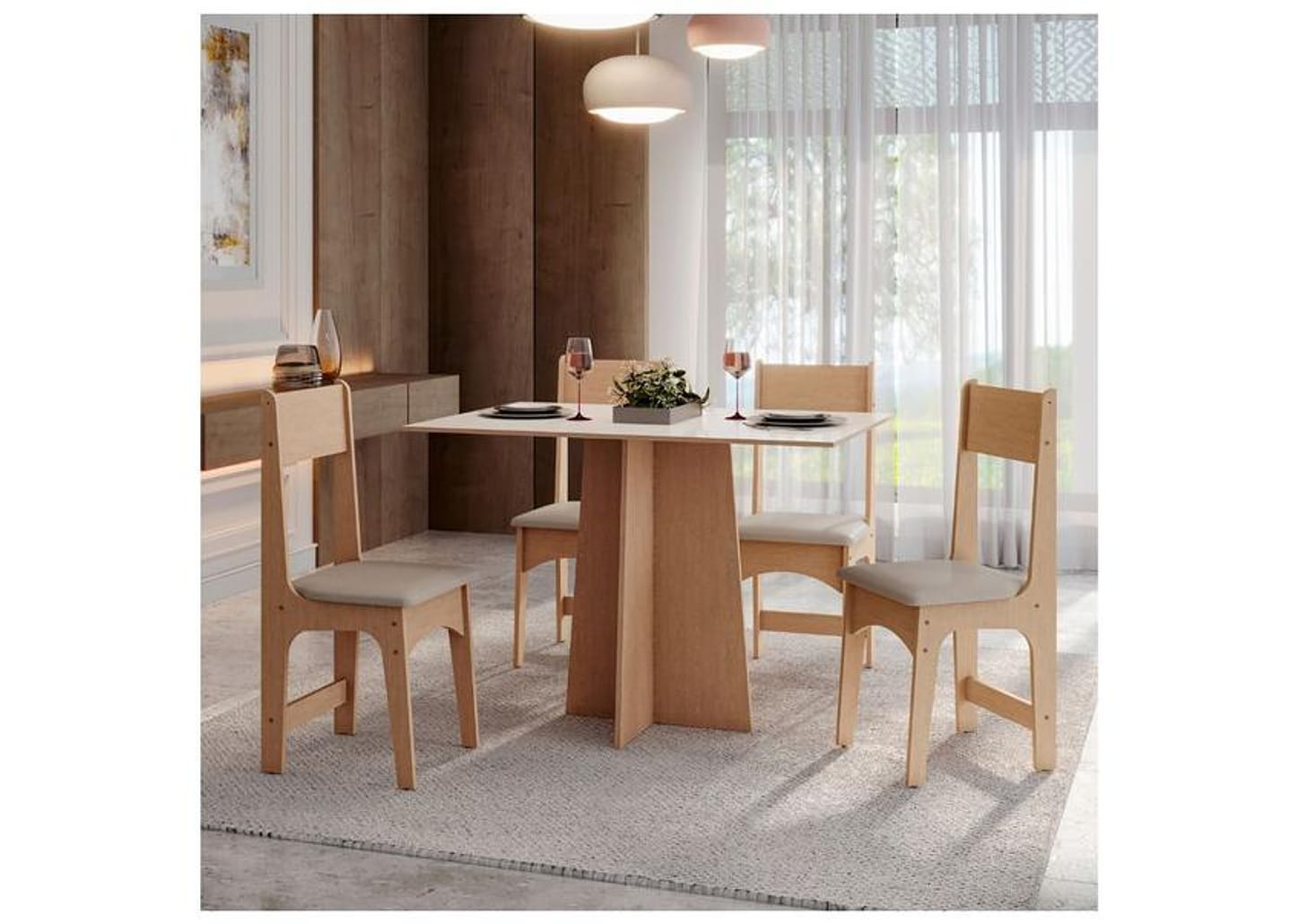 Mesa de Jantar 4 Cadeiras Retangular Mel e Off White Sonetto Móveis Amanda