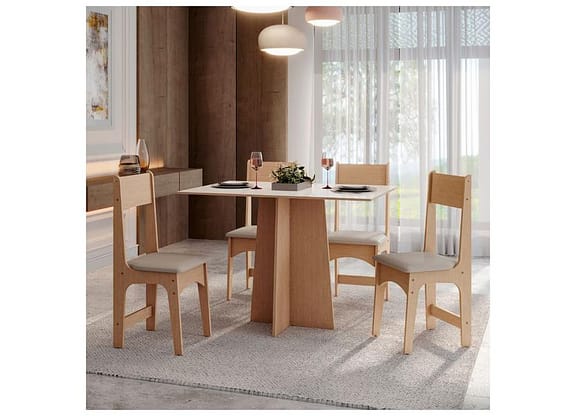 Mesa de Jantar 4 Cadeiras Retangular Mel e Off White Sonetto Móveis Amanda