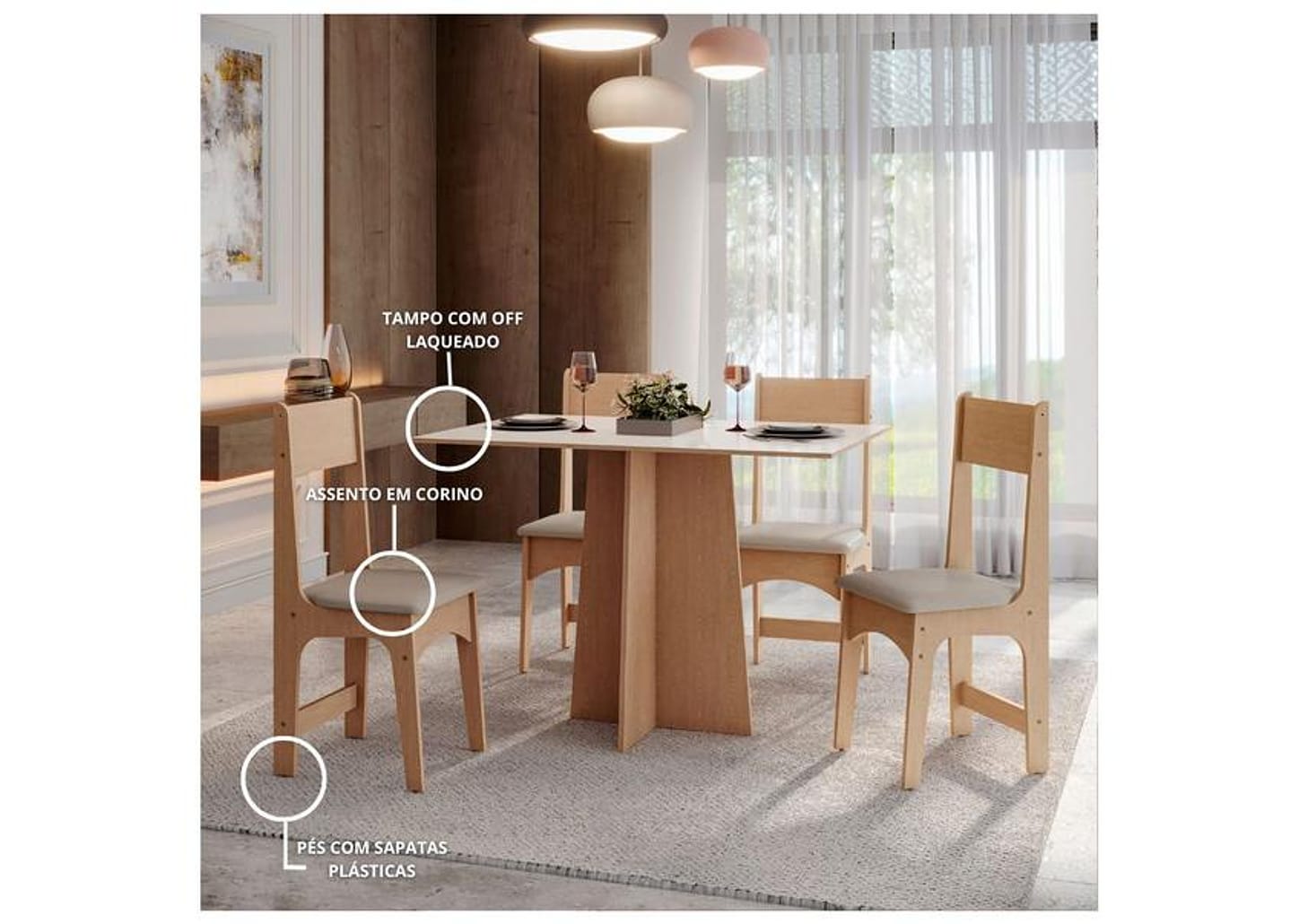 Mesa de Jantar 4 Cadeiras Retangular Mel e Off White Sonetto Móveis Amanda