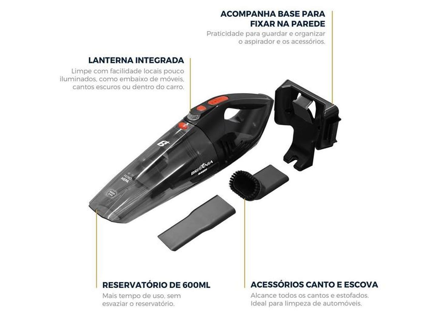 Aspirador de Pó e Água Portátil Britânia sem Fio a Bateria com Filtro HEPA 60W BASE01 Cinza 64903078