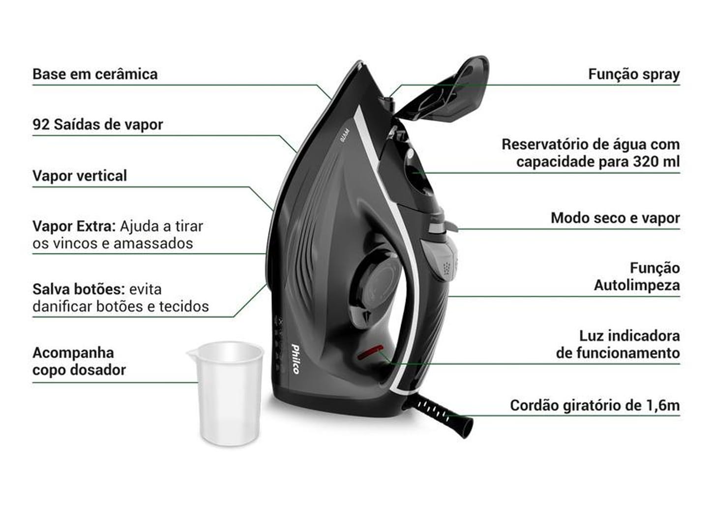 Ferro de Passar Roupa a Vapor Philco PFV70 Preto