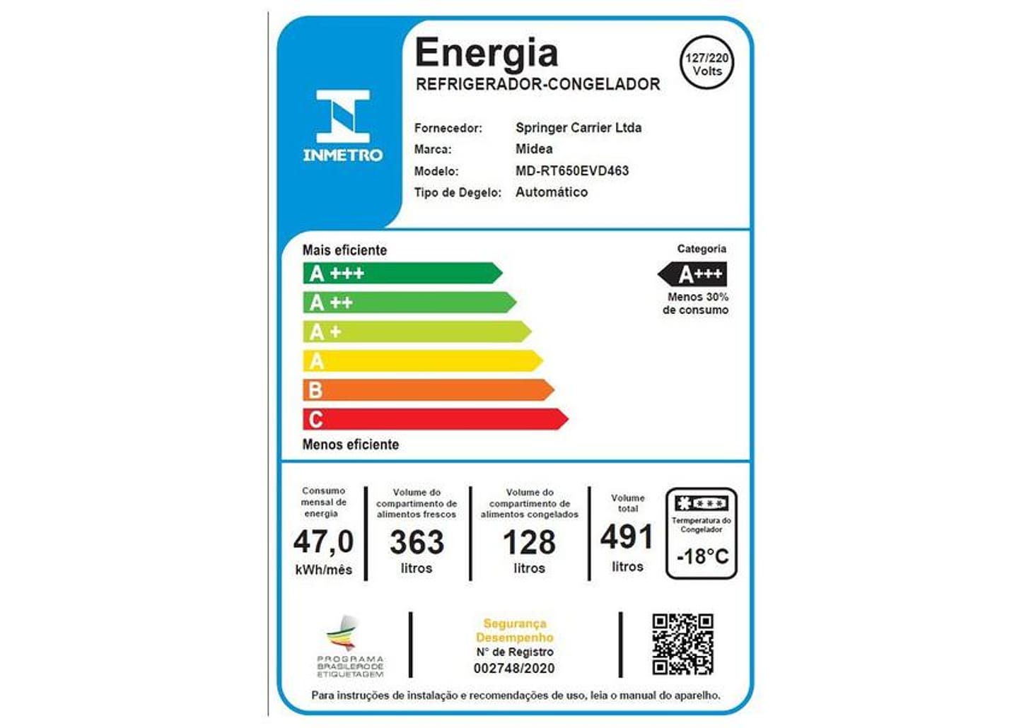 Geladeira/Refrigerador Midea Smart Frost Free Duplex Cor Inox 491L MD-RT650EVD463 Bivolt