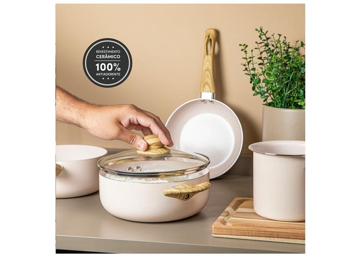Jogo de Panelas Bianchini Revestimento Cerâmico Antiaderente de Alumínio Bege Indução 5 Peças Provance