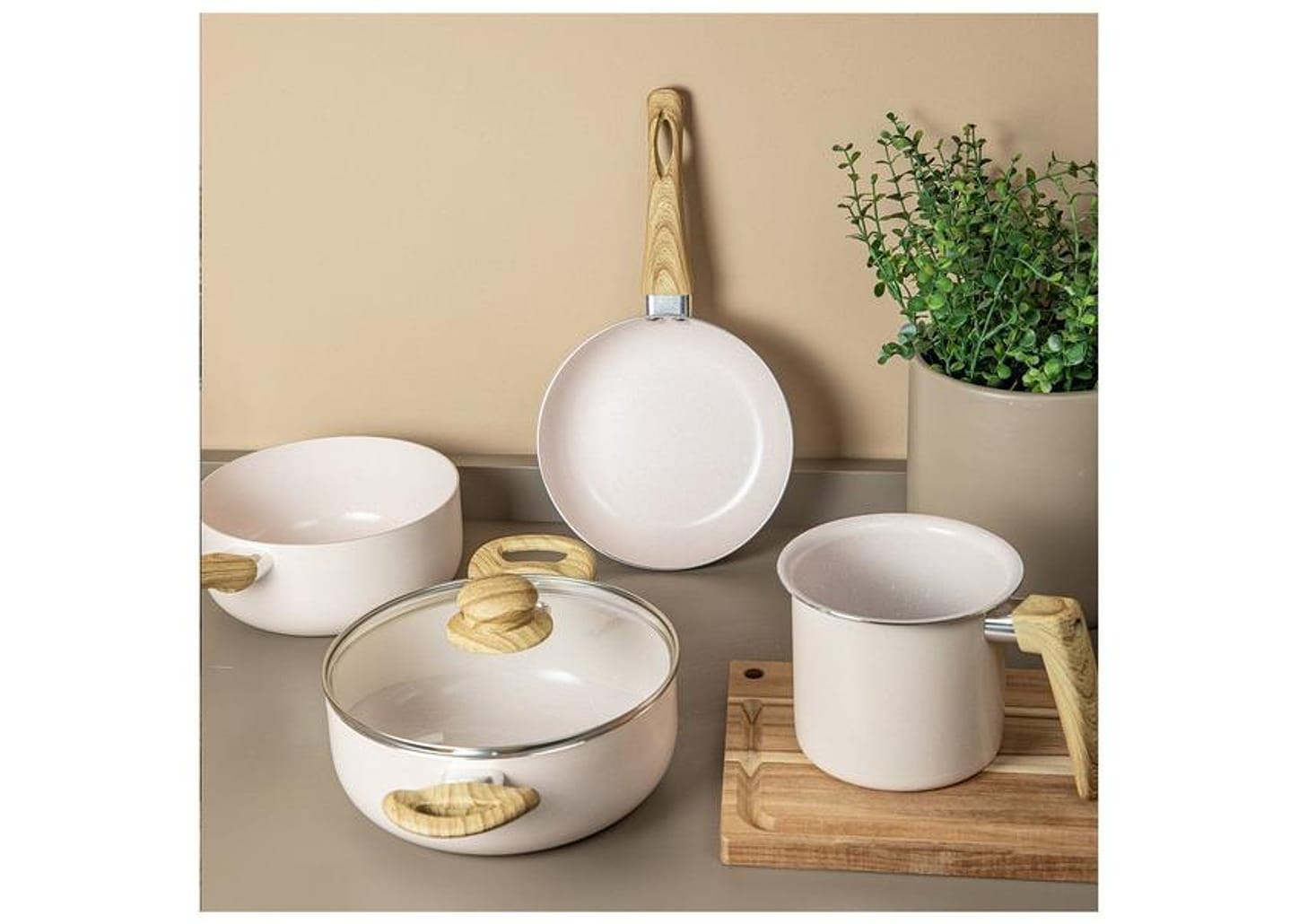 Jogo de Panelas Bianchini Revestimento Cerâmico Antiaderente de Alumínio Bege Indução 5 Peças Provance