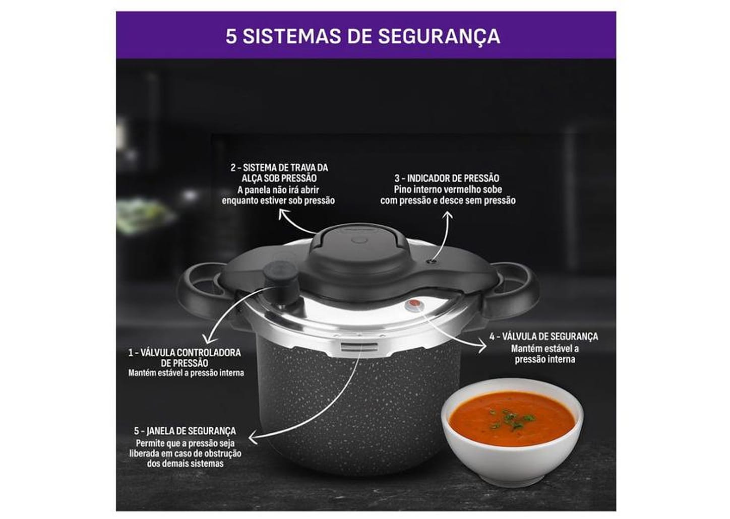 Panela de Pressão Rochedo 4,5L Antiaderente Preto e Cinza Stone Pro Clipso
