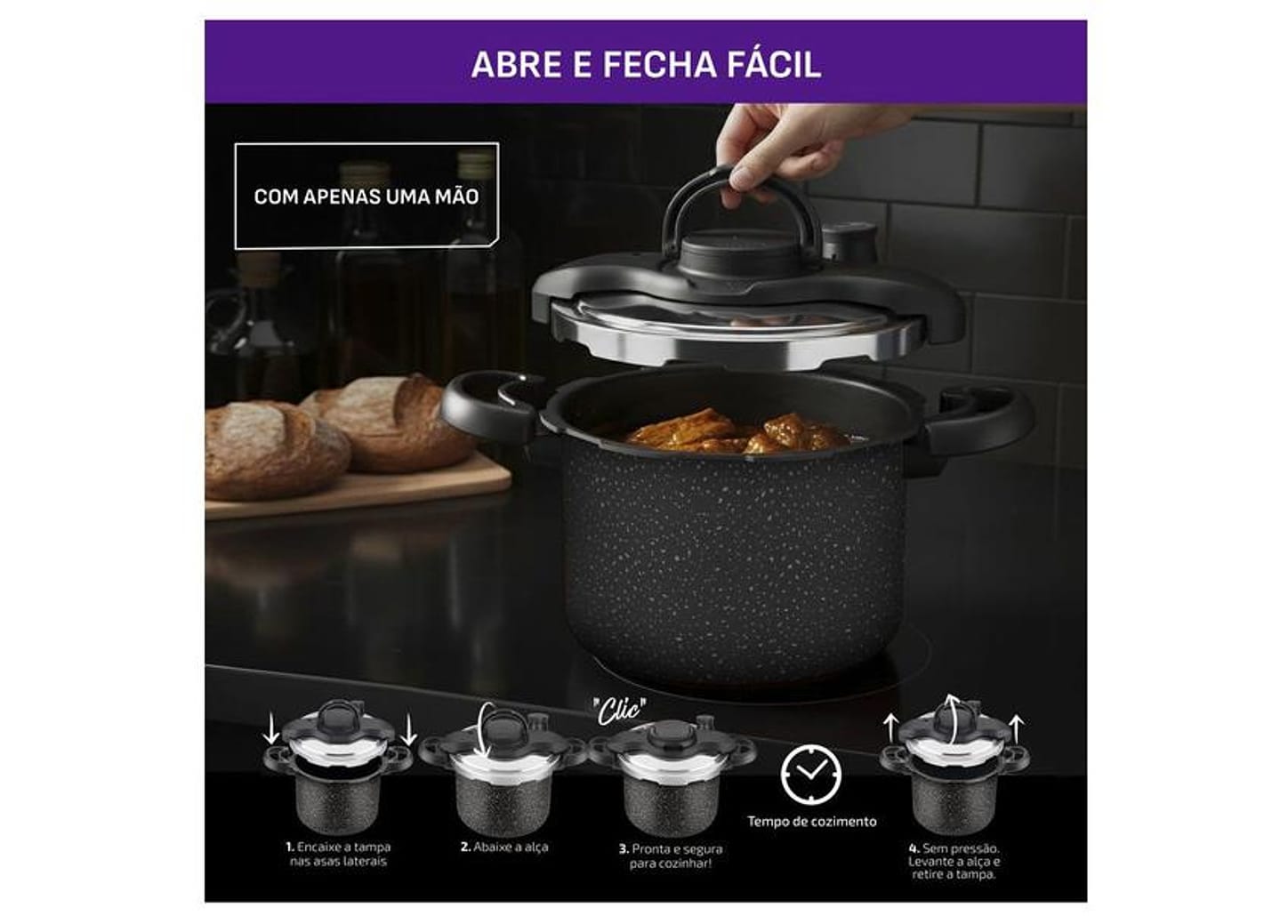 Panela de Pressão Rochedo 4,5L Antiaderente Preto e Cinza Stone Pro Clipso