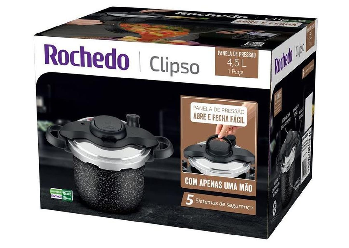 Panela de Pressão Rochedo 4,5L Antiaderente Preto e Cinza Stone Pro Clipso