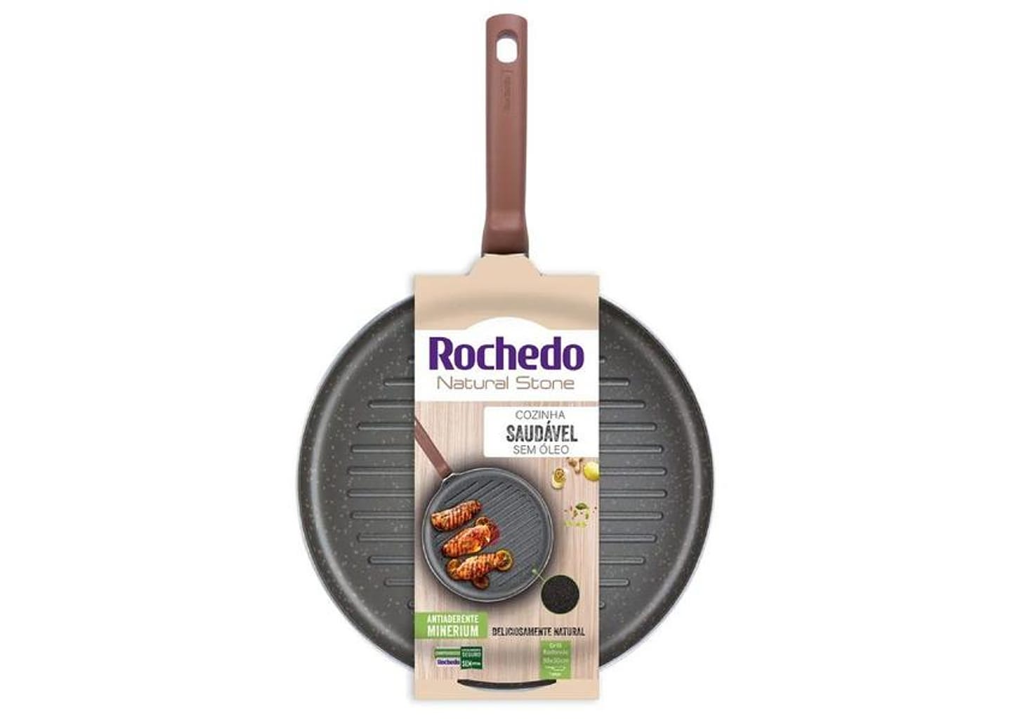 Frigideira Grill Antiaderente Rochedo de Alumínio Ondulada Natural Stone Cinza Claro 30cm