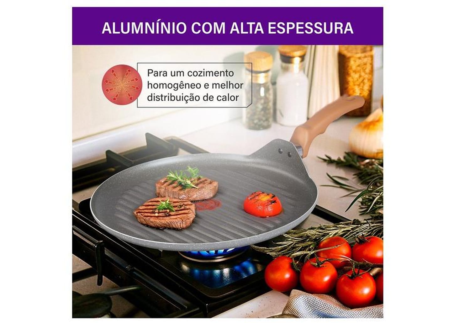 Frigideira Grill Antiaderente Rochedo de Alumínio Ondulada Natural Stone Cinza Claro 30cm