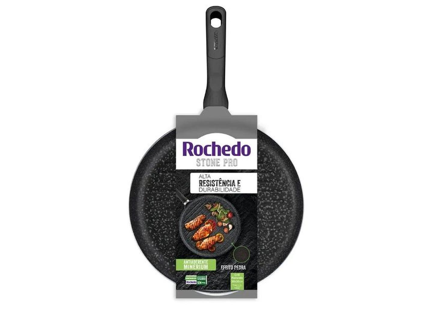 Frigideira Grill Antiaderente Rochedo de Alumínio Chapa Ondulada Stone Pro Preto e Cinza 30cm