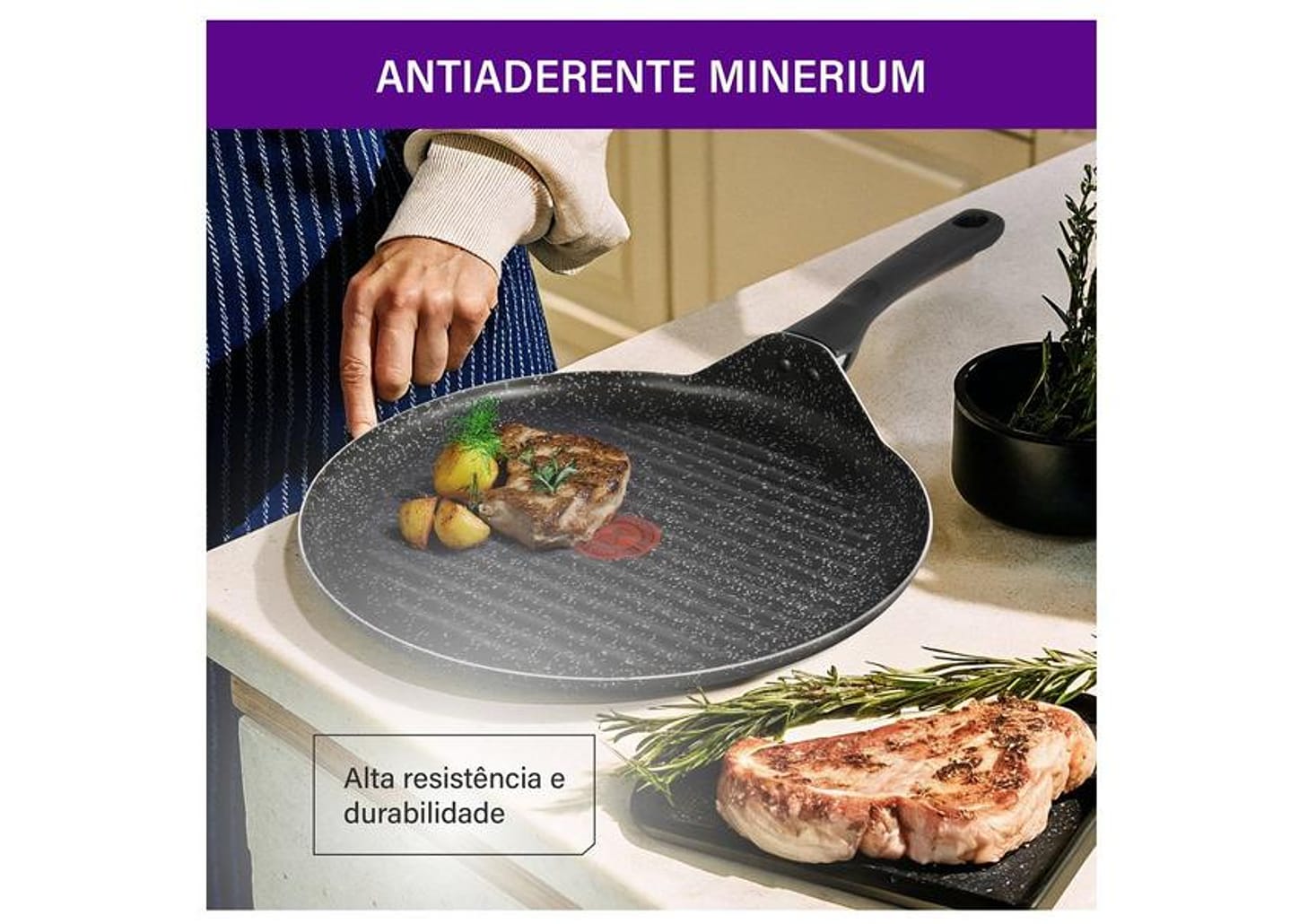 Frigideira Grill Antiaderente Rochedo de Alumínio Chapa Ondulada Stone Pro Preto e Cinza 30cm