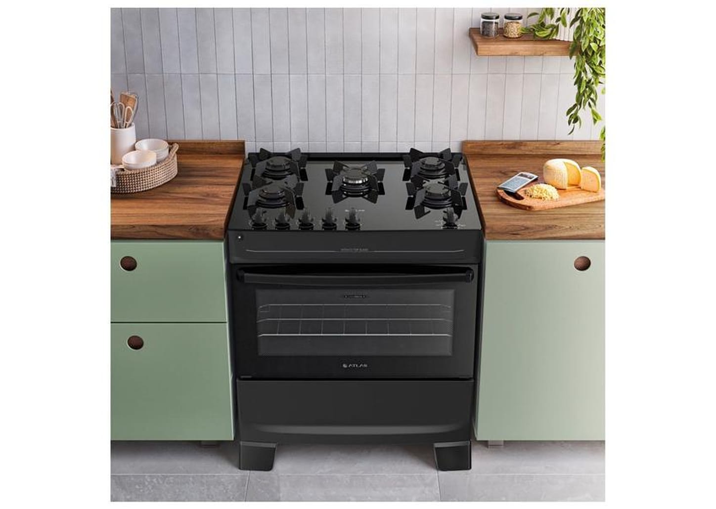 Fogão 5 Bocas Atlas Preto Mônaco Top Glass