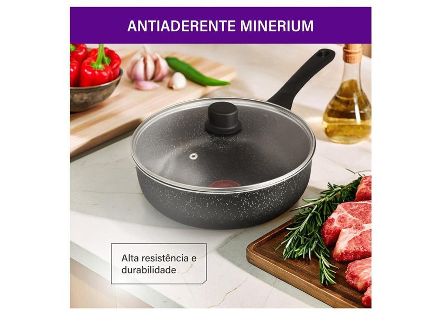 Frigideira Funda Antiaderente Rochedo de Alumínio com Tampa Stone Pro Preto e Cinza 24cm