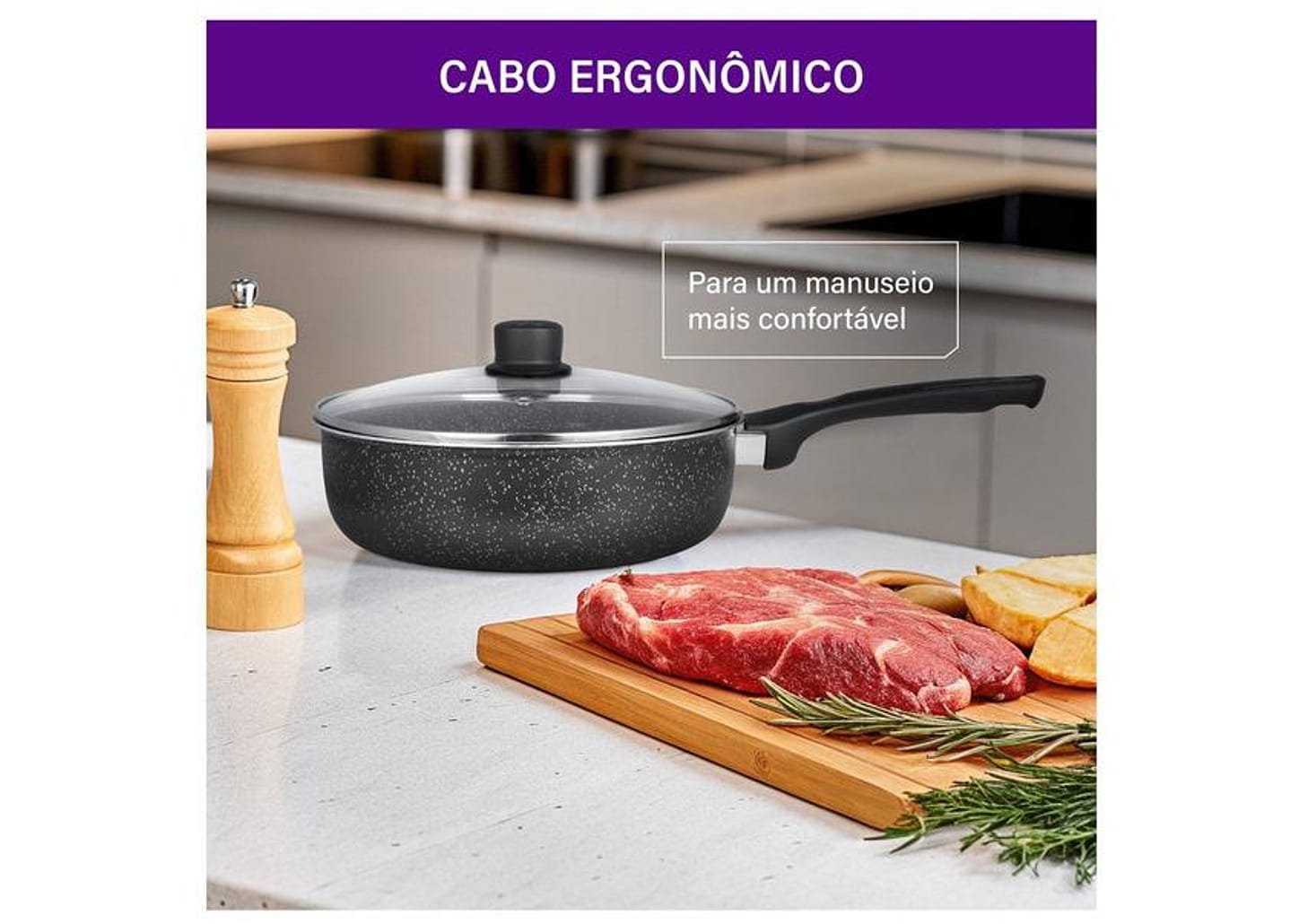 Frigideira Funda Antiaderente Rochedo de Alumínio com Tampa Stone Pro Preto e Cinza 24cm