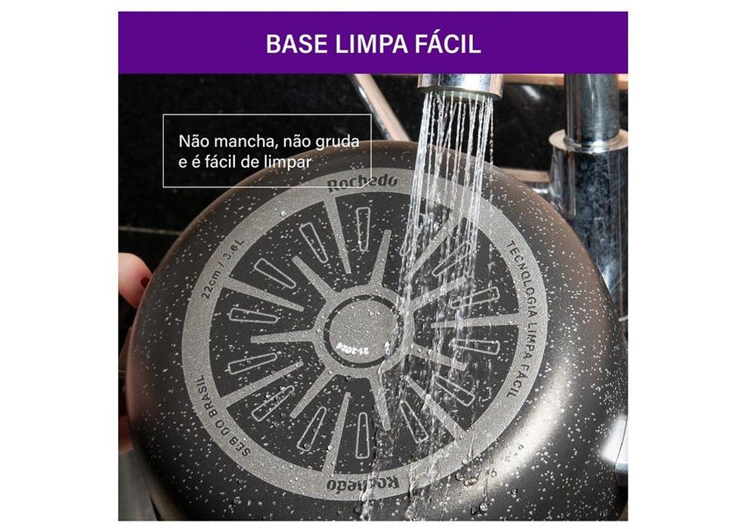 Frigideira Funda Antiaderente Rochedo de Alumínio com Tampa Stone Pro Preto e Cinza 24cm