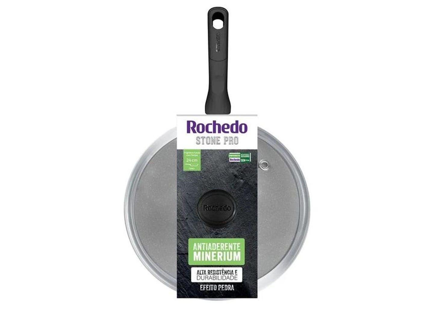 Frigideira Funda Antiaderente Rochedo de Alumínio com Tampa Stone Pro Preto e Cinza 24cm