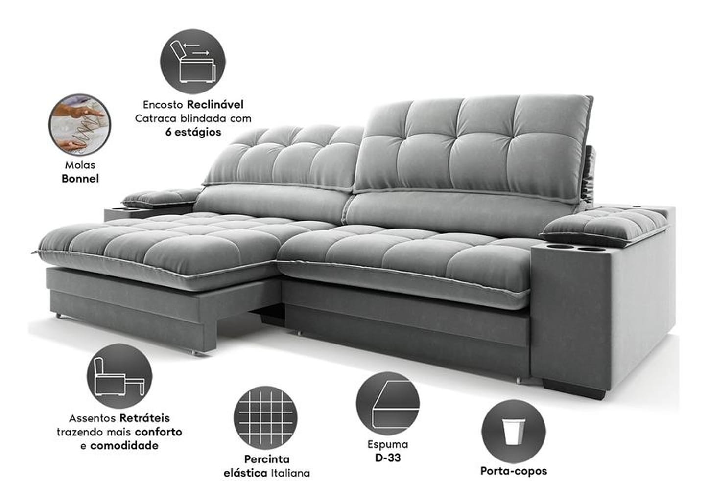 Sofá 5 Lugares Retrátil Reclinável Veludo Olimpo Next Sofás