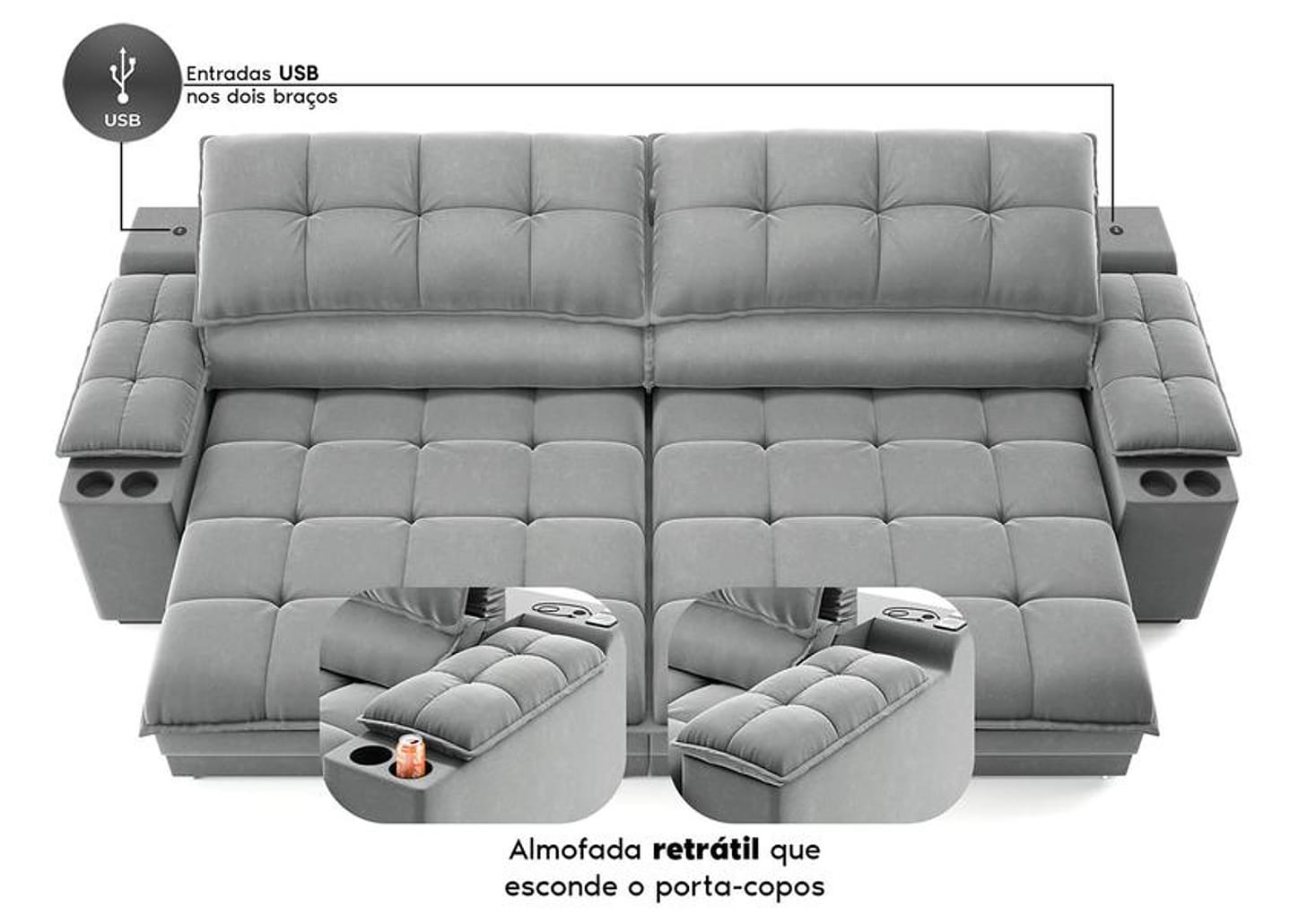 Sofá 5 Lugares Retrátil Reclinável Veludo Olimpo Next Sofás