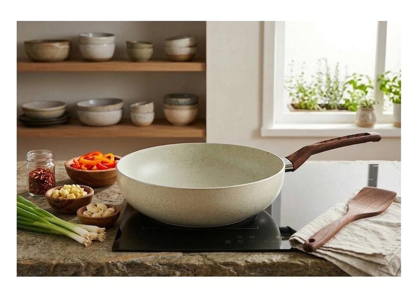 Panela Wok Multiflon de Alumínio Antiaderente Petra Bege 28cm