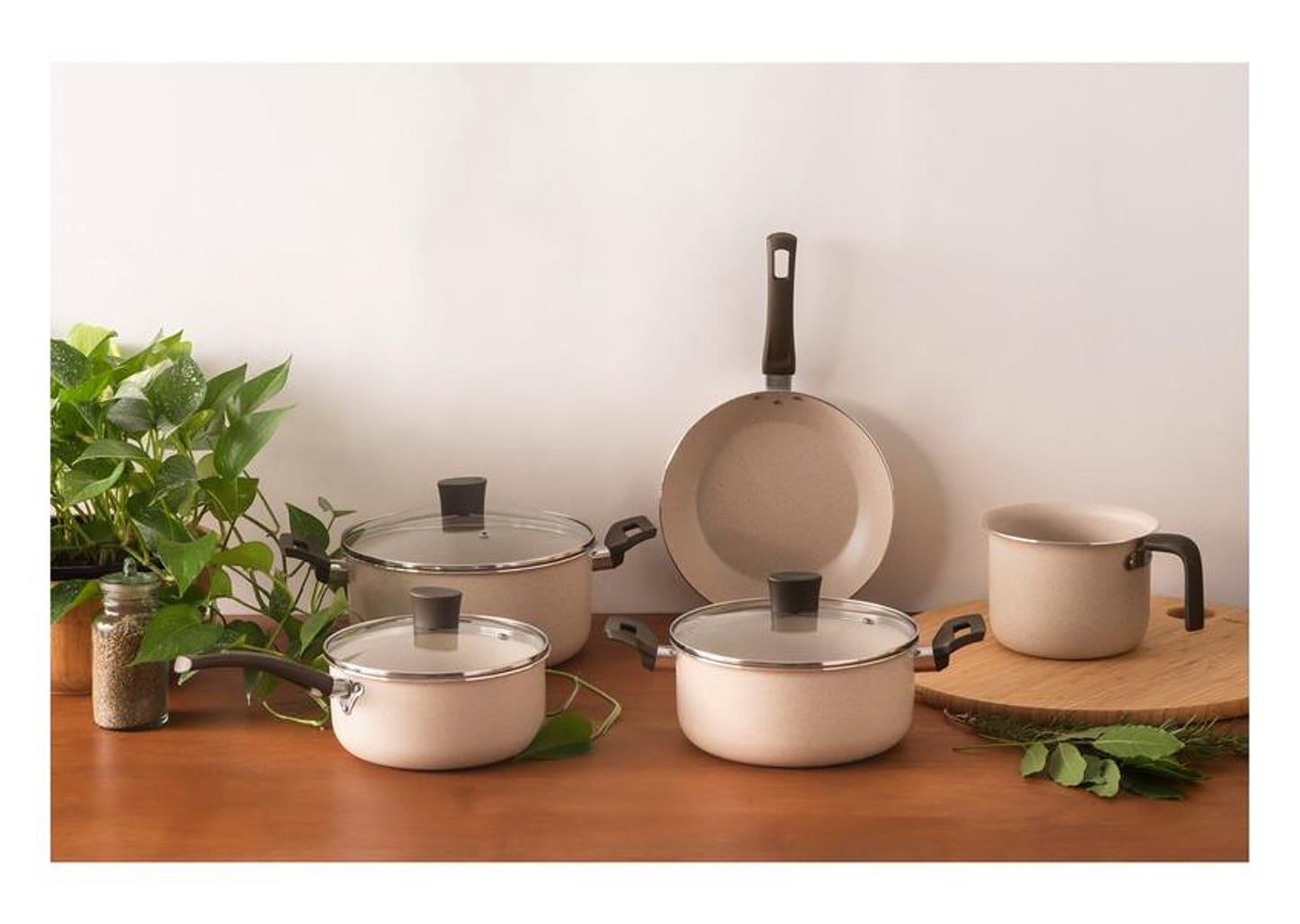 Jogo de Panelas Multiflon Antiaderente Alumínio Bege 5 Peças Ekó