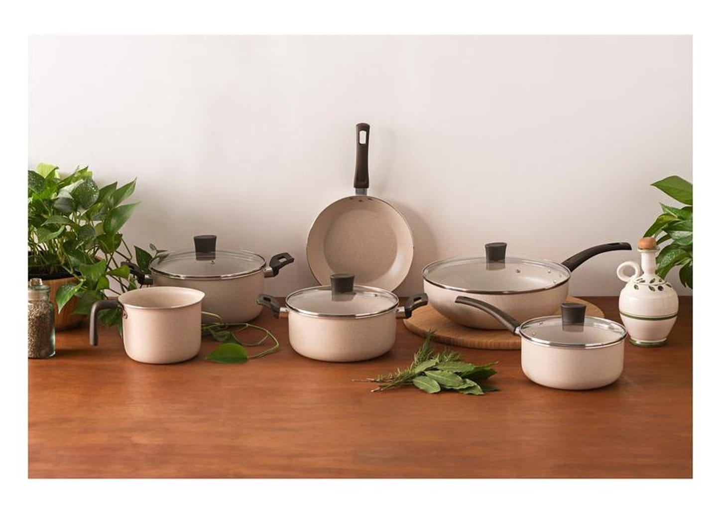 Jogo de Panelas Multiflon Antiaderente Alumínio Bege 5 Peças Ekó