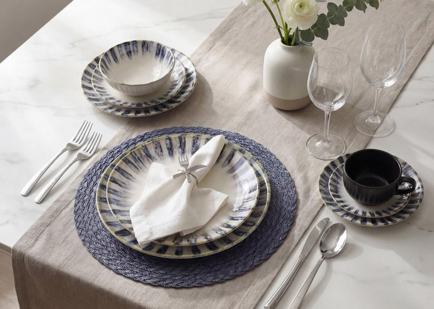 Aparelho de Jantar e Chá 20 Peças Alleanza Redondo Cerâmica Faiança Branco e Azul Istambul