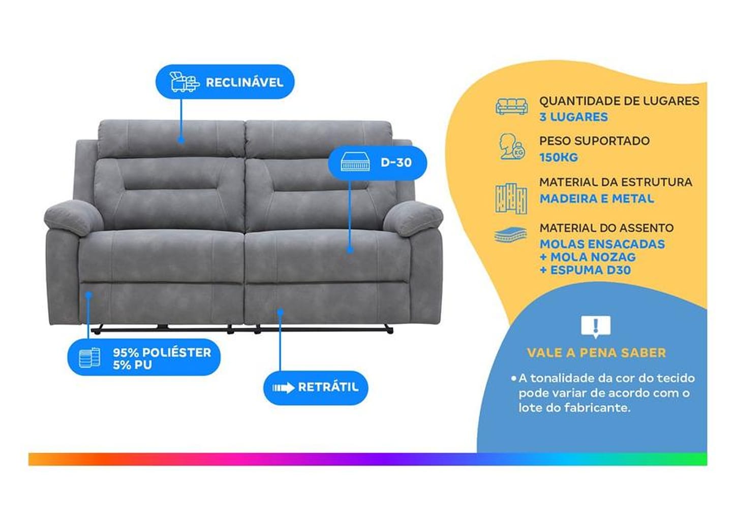 Sofá 3 Lugares Retrátil Reclinável Elétrico Poliéster e PU Molas Ensacadas Mova Caemmun