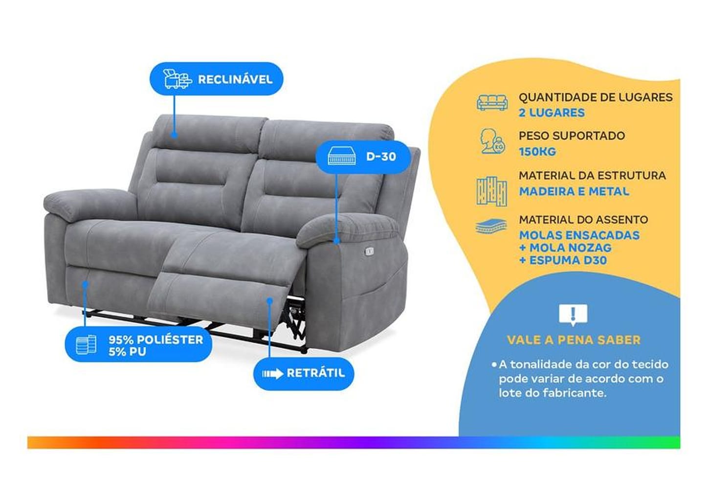 Sofá 2 Lugares Retrátil Reclinável Elétrico Poliéster e PU Molas Ensacadas Mova Caemmun