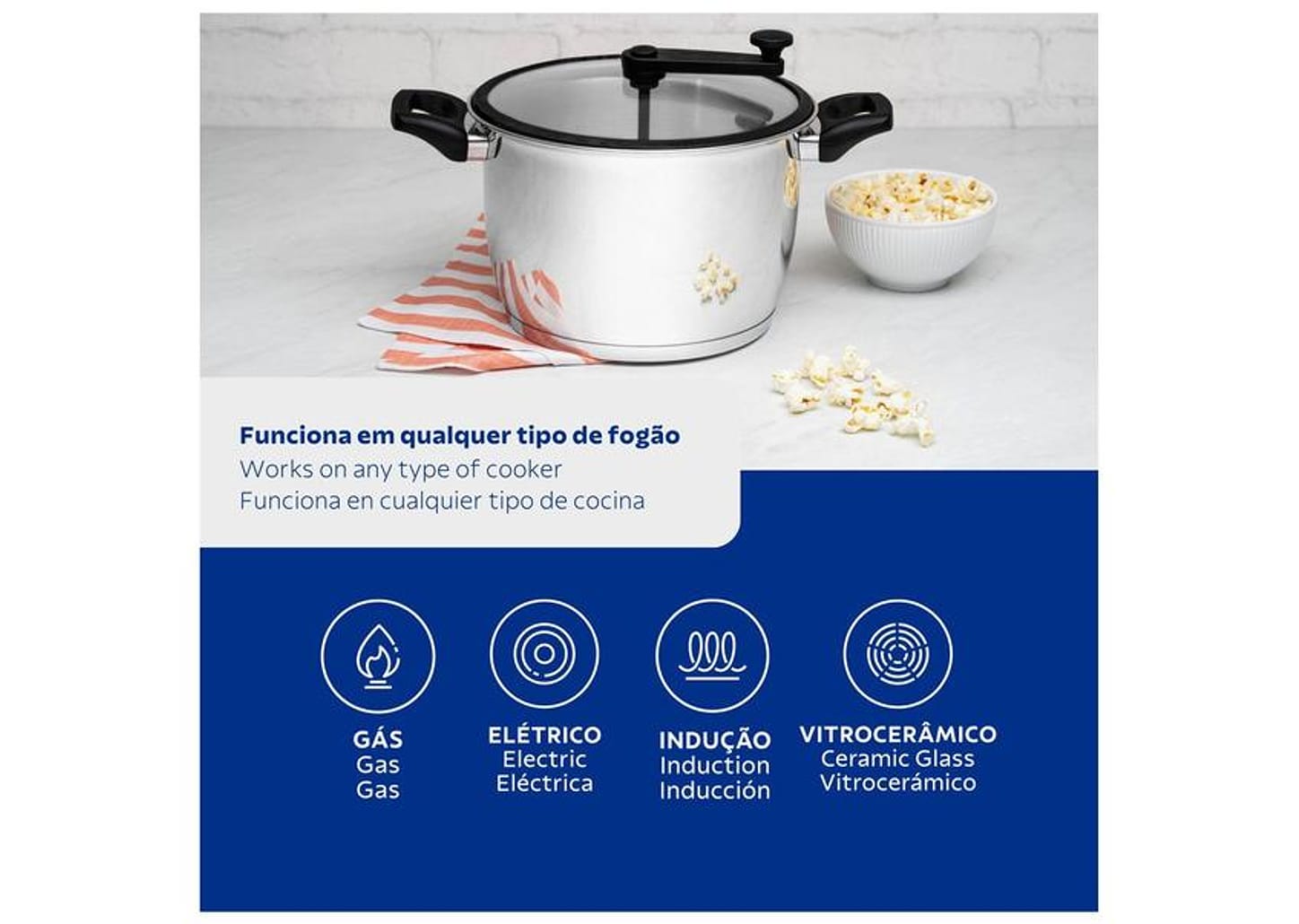 Panela Pipoqueira Tramontina Inox com Tampa de Vidro 5,6L 22cm Allegra
