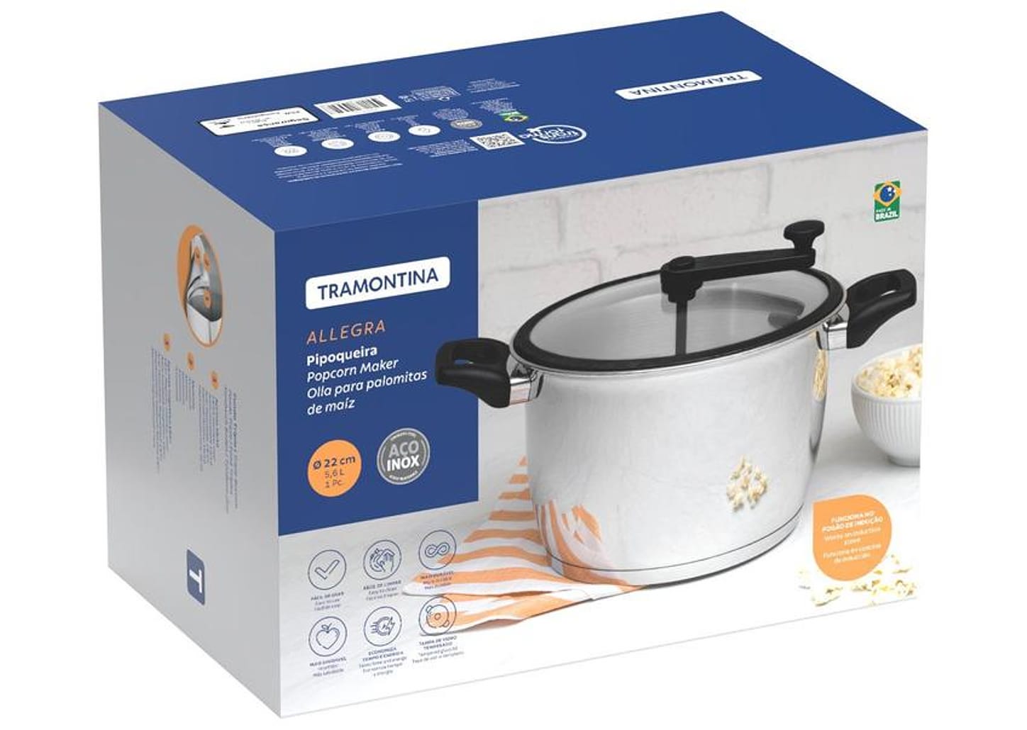 Panela Pipoqueira Tramontina Inox com Tampa de Vidro 5,6L 22cm Allegra