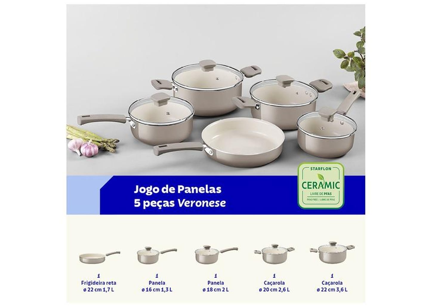 Jogo de Panelas Tramontina Revestimento Cerâmico de Alumínio Bege 5 Peças Veronese