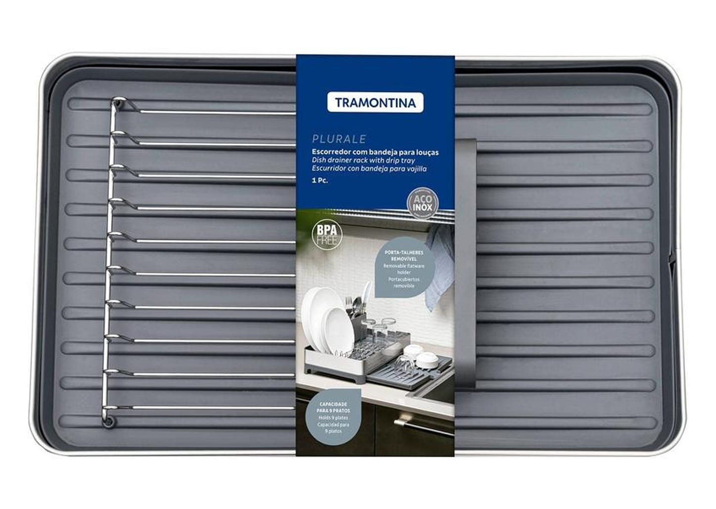 Escorredor de Louça Tramontina Plurale Grafite e Inox 9 Pratos com Porta Talheres