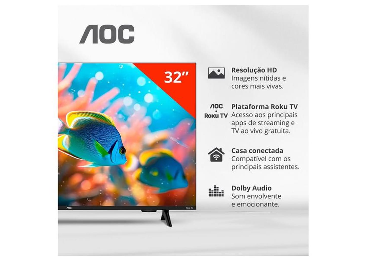 Smart TV 32" AOC HD DLED Série 5155 32S5155/78G Roku TV 2025