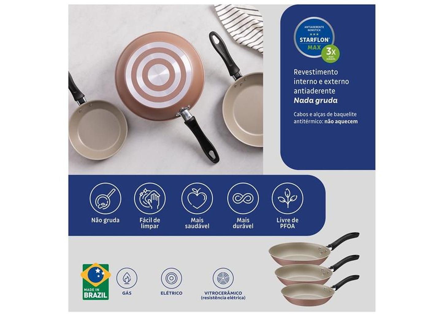 Conjunto de Frigideiras Antiaderente Tramontina Linz Mochaccino 3 Peças