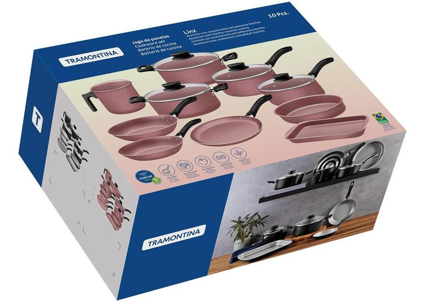 Jogo de Panelas Tramontina de Alumínio Rosa 10 Peças Linz
