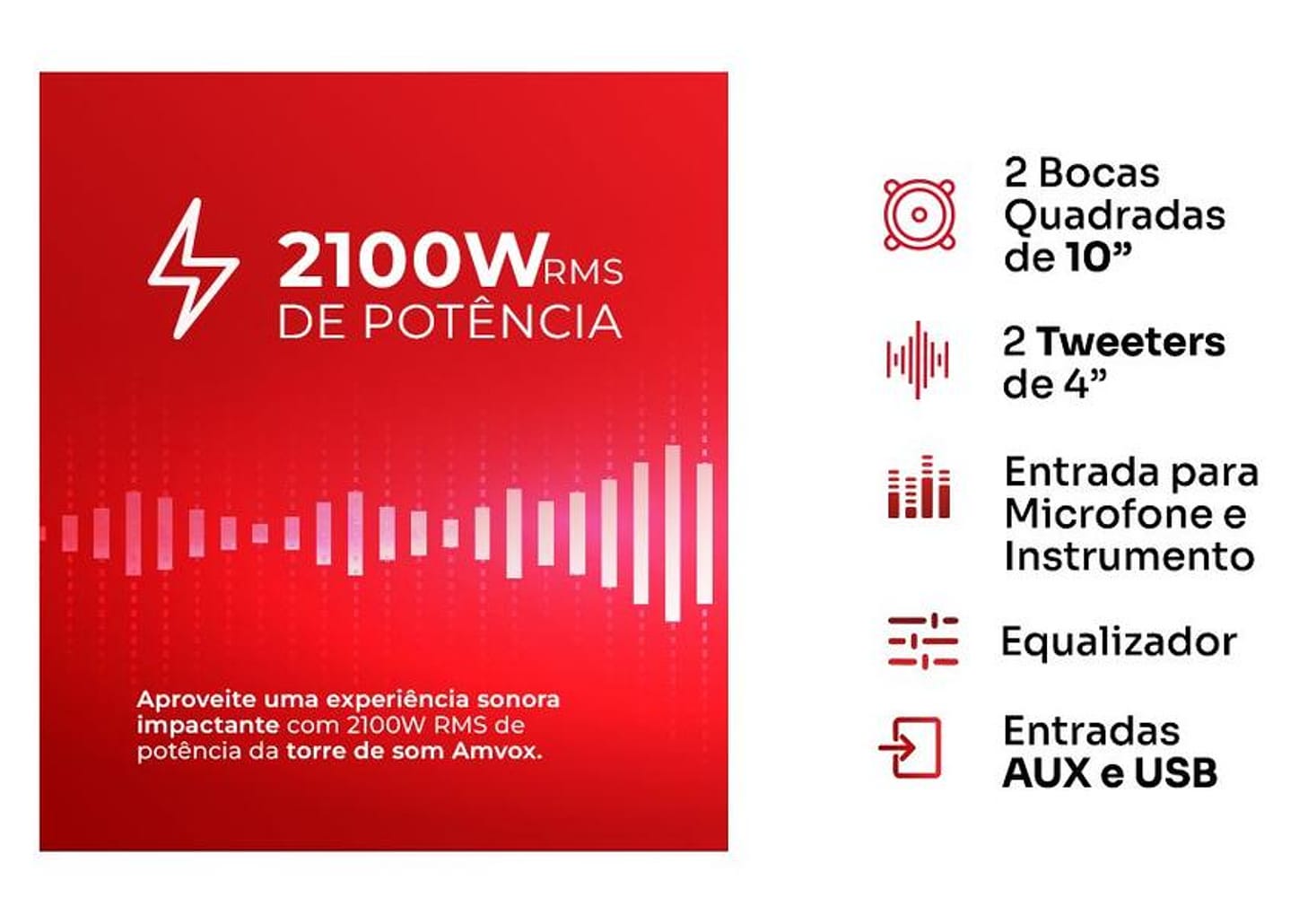 Caixa de Som Torre Amvox ATX 2108M Quadradinho Bluetooth 2100W Amplificada
