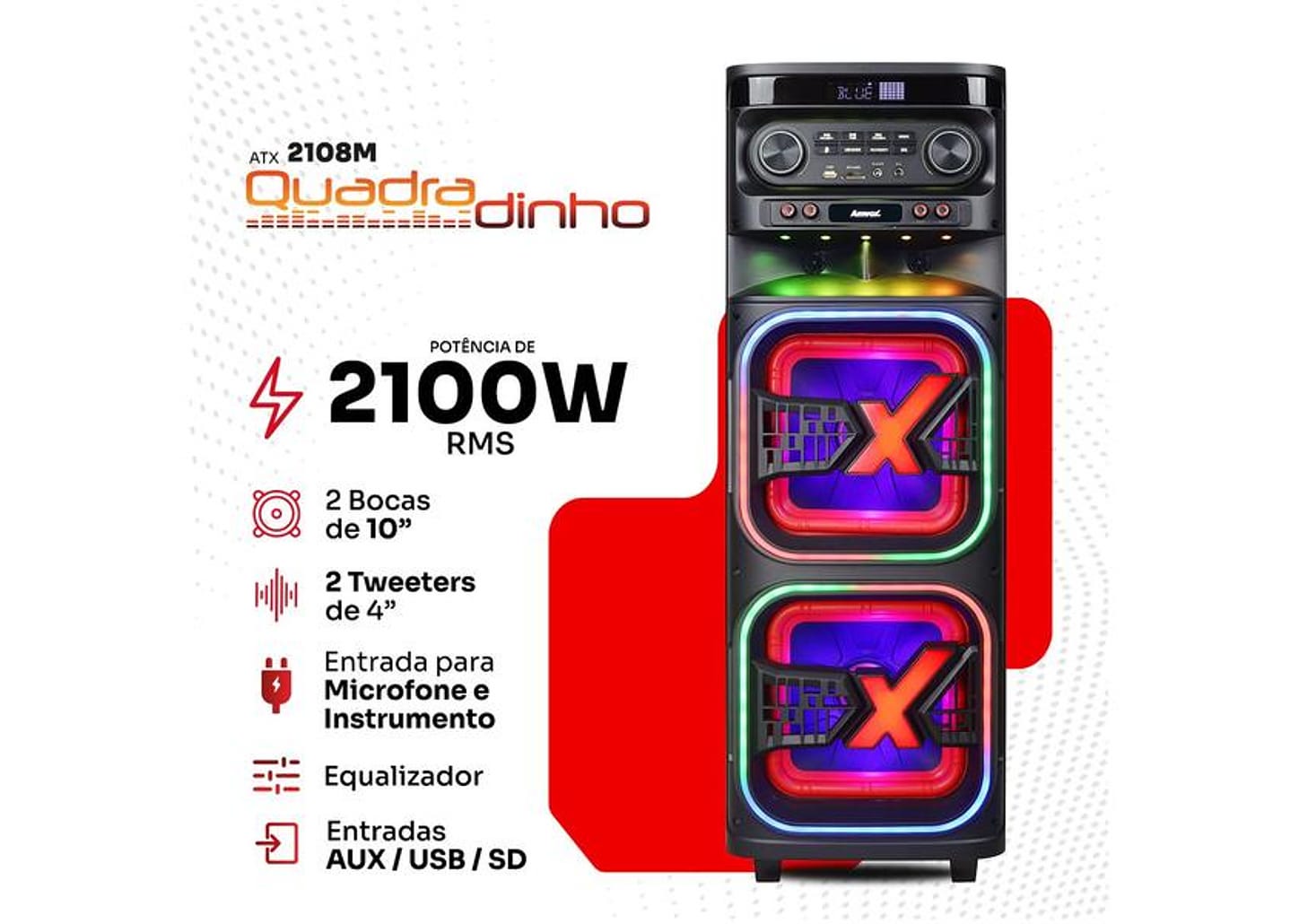 Caixa de Som Torre Amvox ATX 2108M Quadradinho Bluetooth 2100W Amplificada
