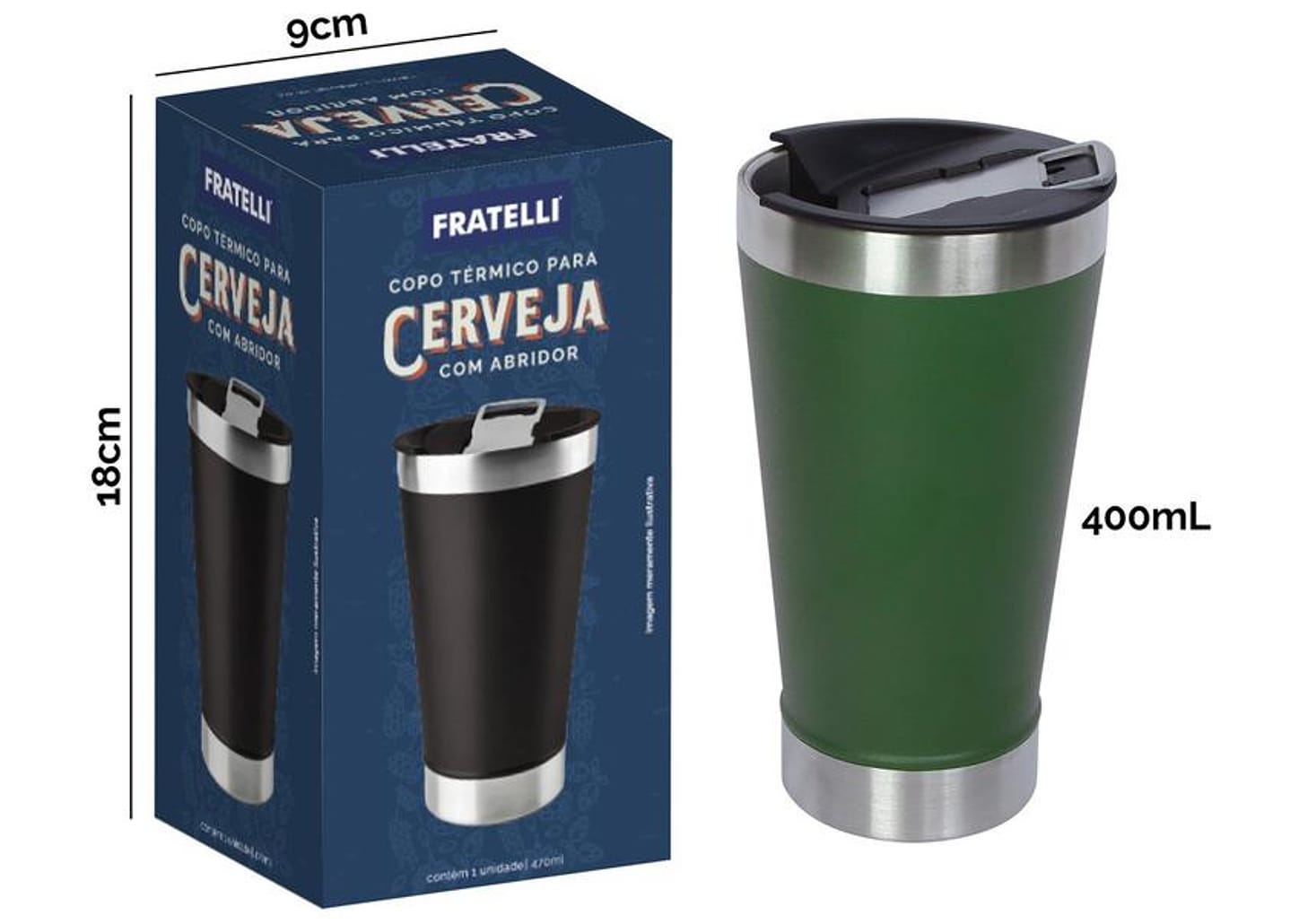 Copo Térmico Fratelli para Cerveja Premium Verde 400ml com Tampa e Abridor