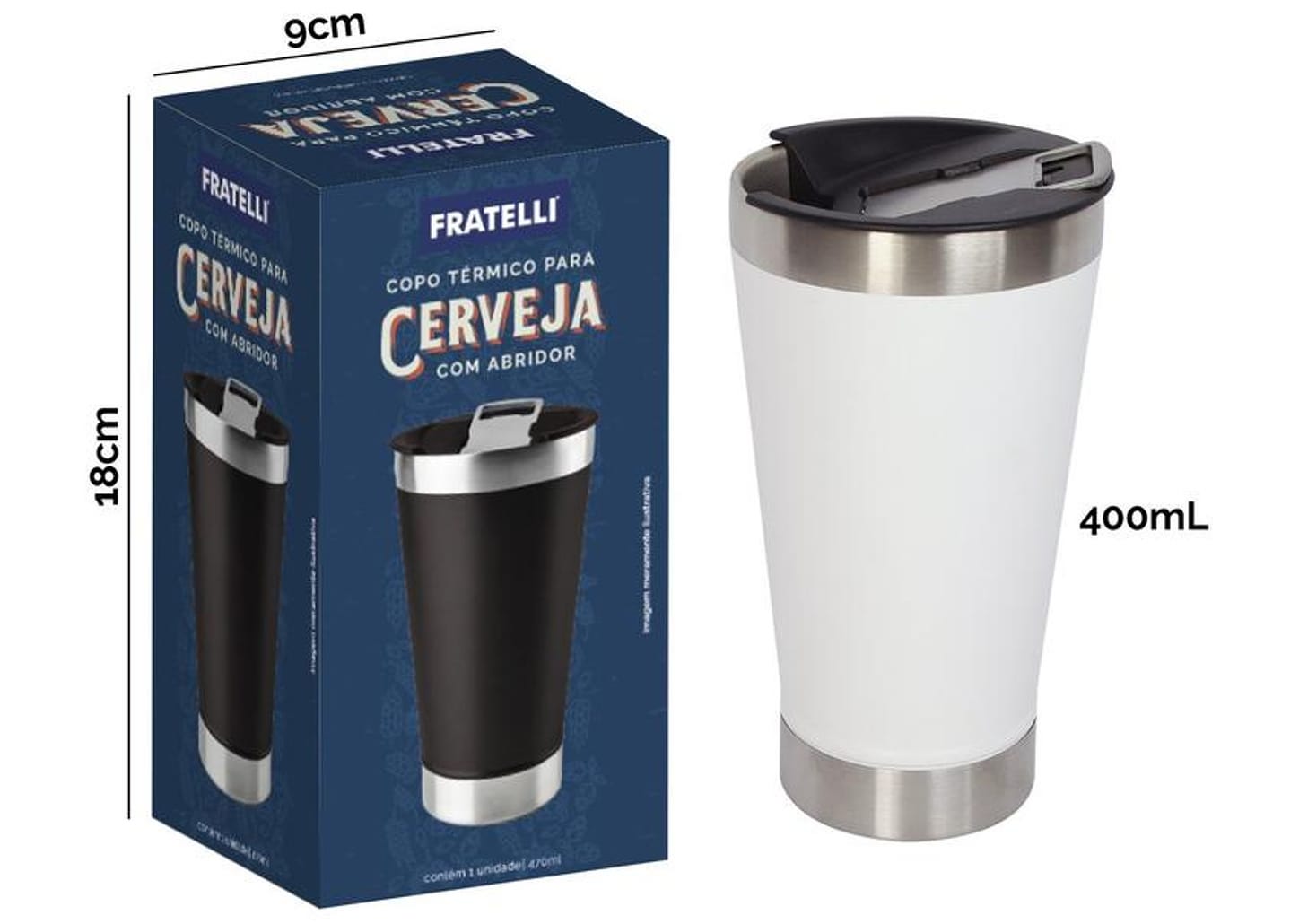 Copo Térmico Fratelli para Cerveja Premium Branco 400ml com Tampa e Abridor