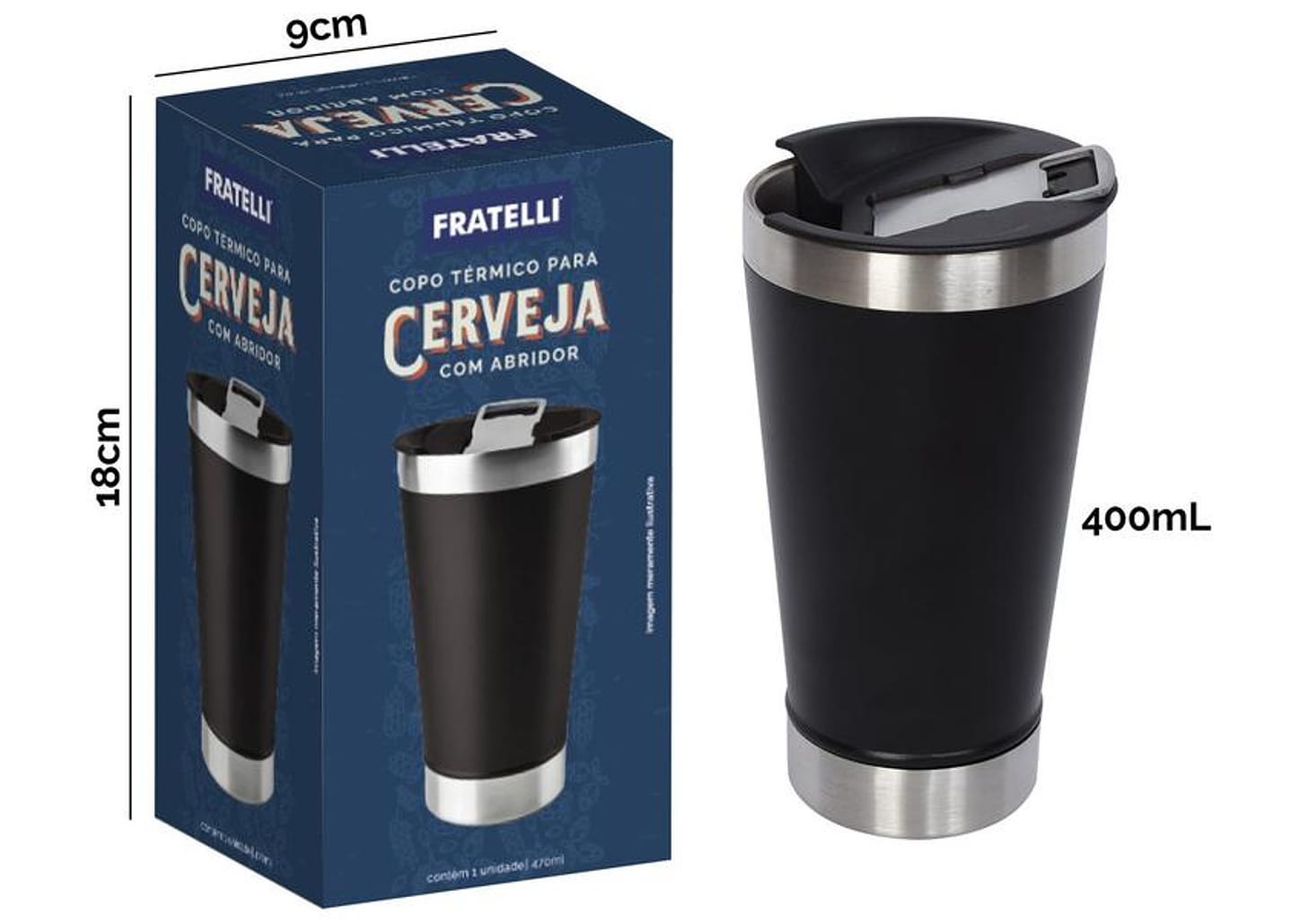 Copo Térmico Fratelli para Cerveja Premium Preto 400ml com Tampa e Abridor