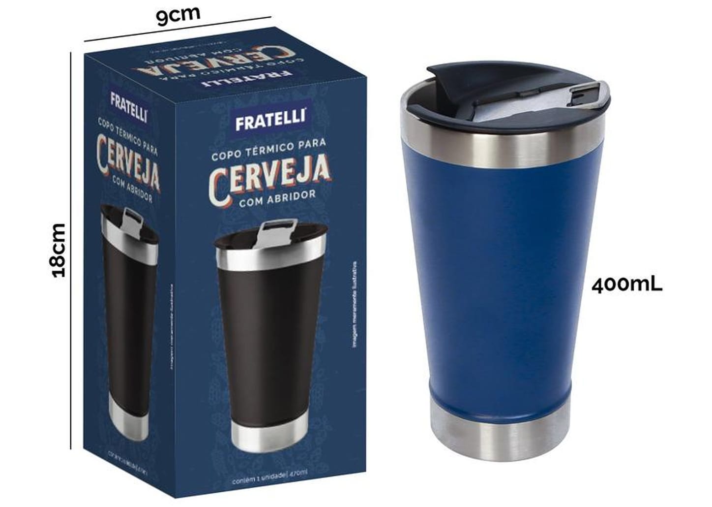 Copo Térmico Fratelli para Cerveja Premium Azul 400ml com Tampa e Abridor