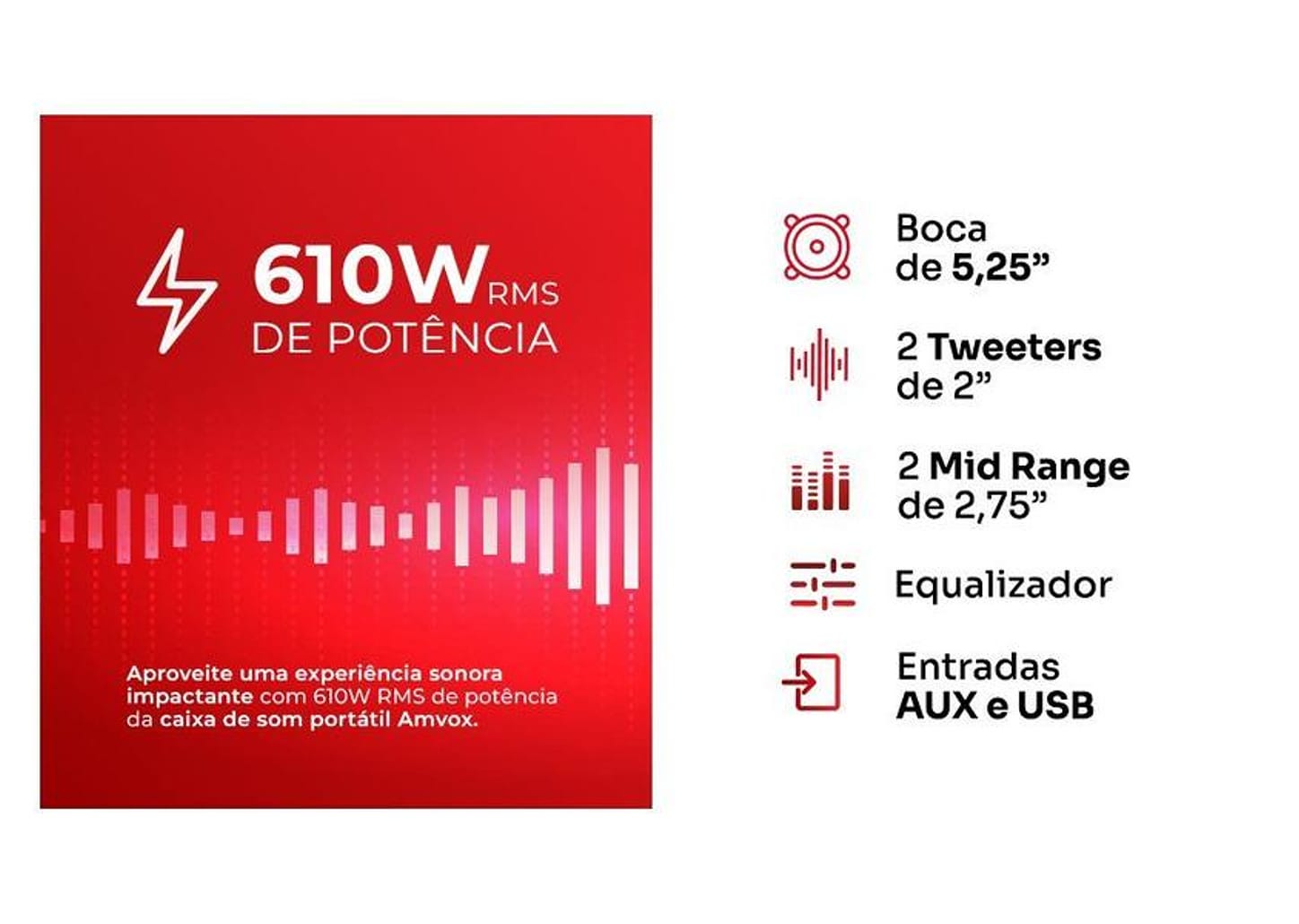 Caixa de Som Amplificada Bluetooth Amvox Boom Vox ACA 610W RMS USB