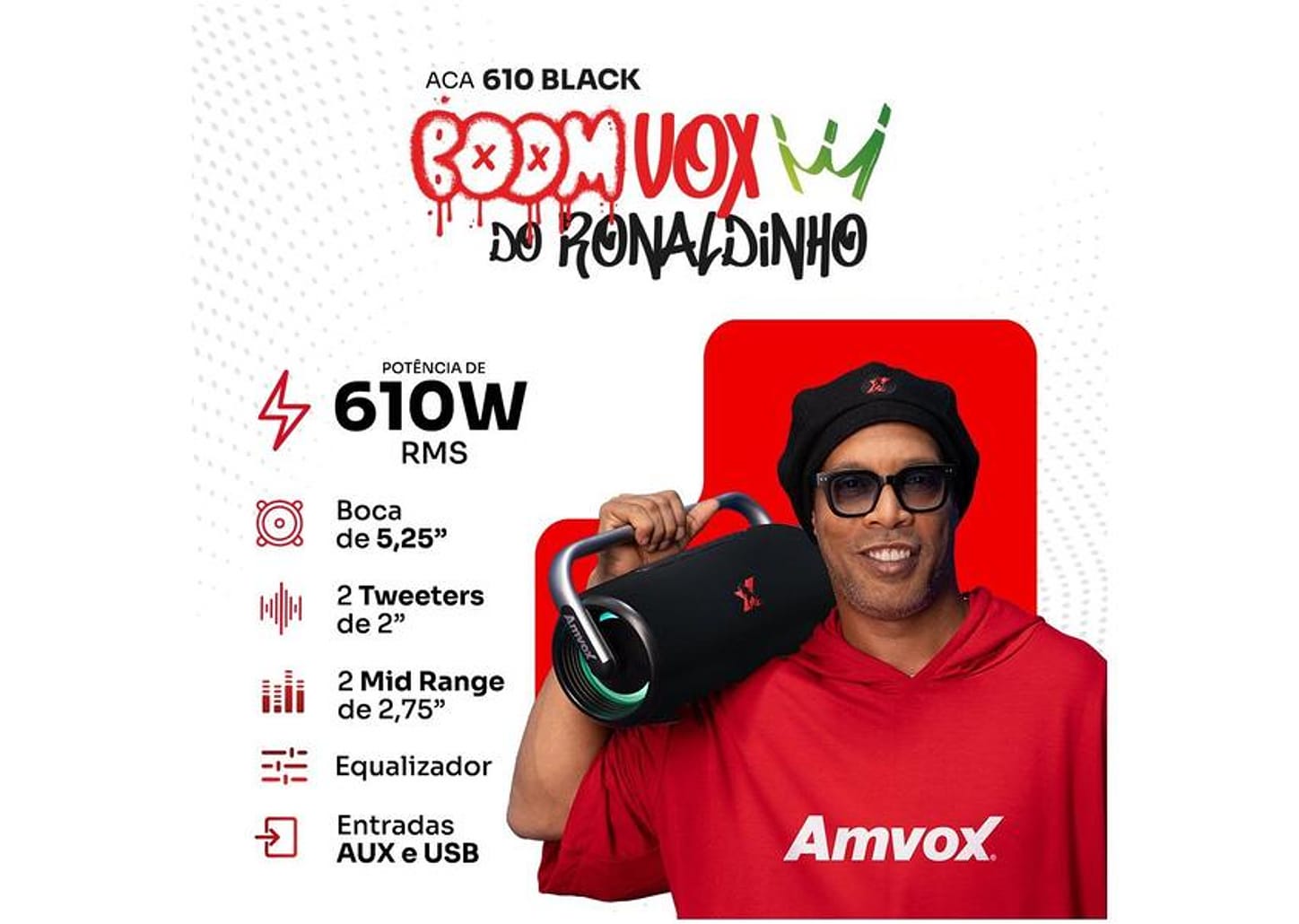 Caixa de Som Amplificada Bluetooth Amvox Boom Vox ACA 610W RMS USB