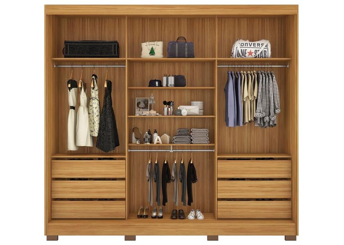 Guarda-roupa Casal com Espelho 6 Gavetas 3 Portas de Correr Demobile - Demóbile