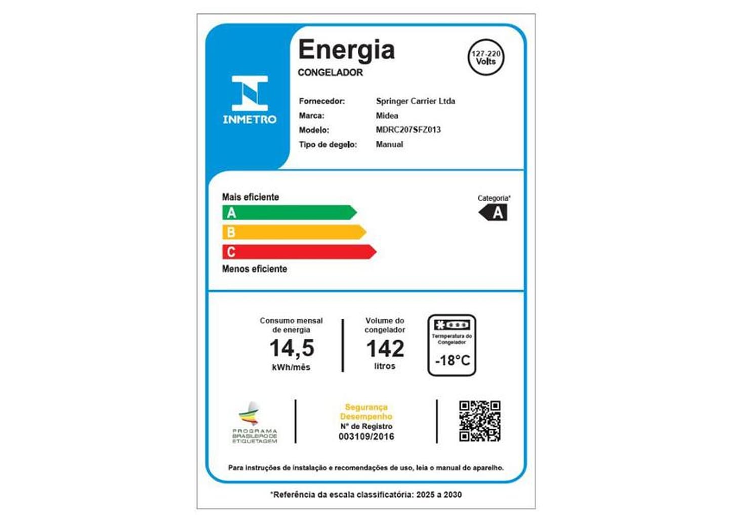 Freezer Horizontal Midea 1 Porta 142L MDRC207SFZ013