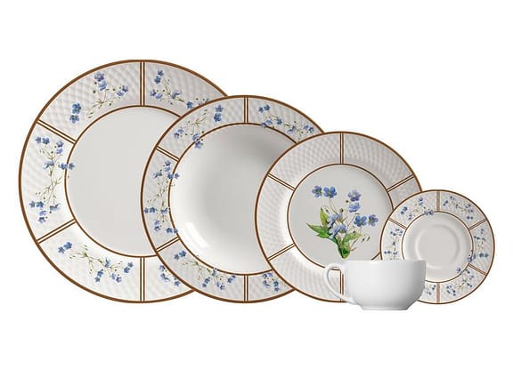 Aparelho de Jantar e Chá 20 Peças Alleanza Redondo Cerâmica Faiança Branco e Marrom Heritage