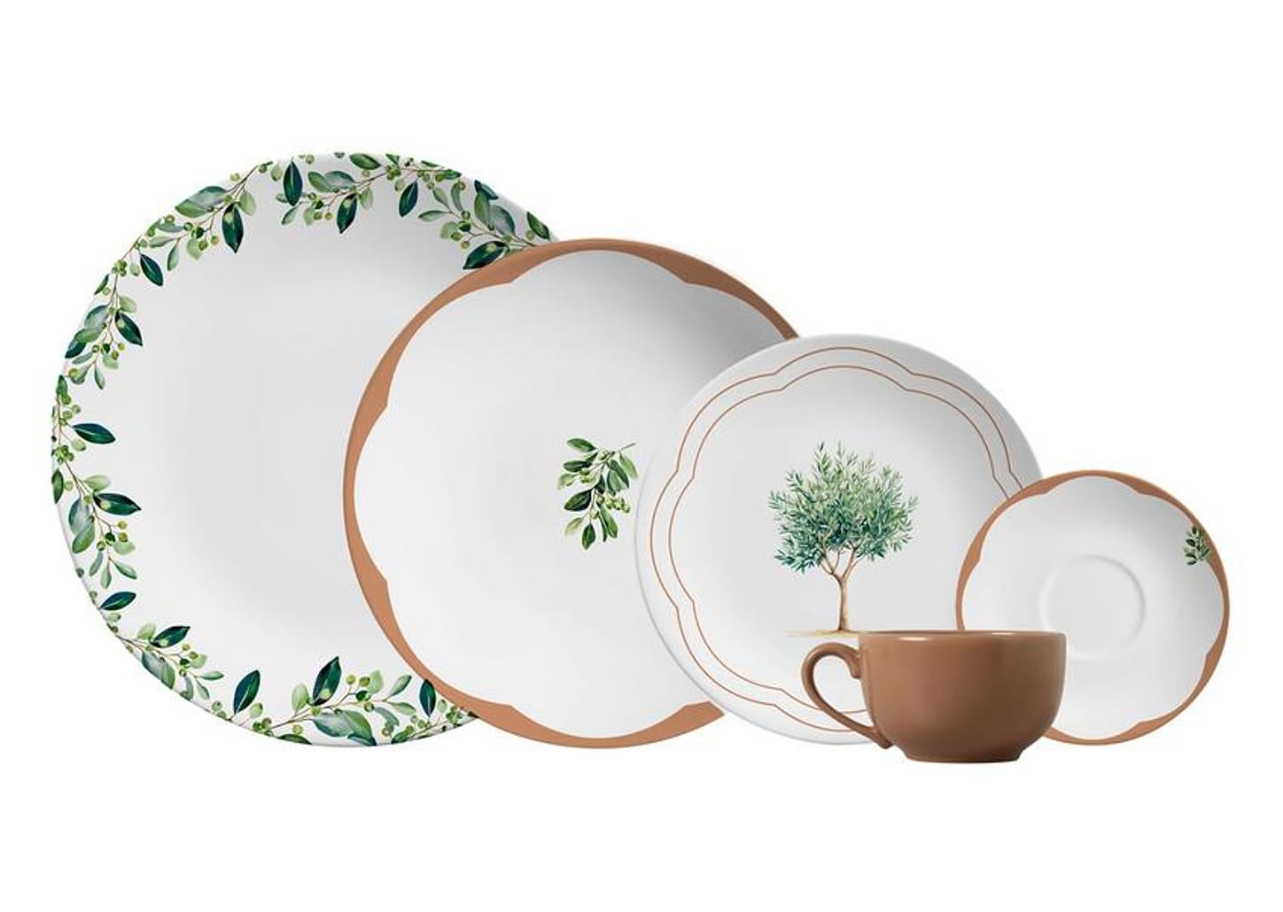 Aparelho de Jantar e Chá 30 Peças Alleanza Redondo Cerâmica Faiança Branco e Marrom Oliveira