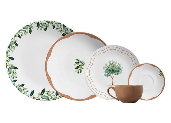 Aparelho de Jantar e Chá 20 Peças Alleanza Redondo Cerâmica Faiança Branco e Marrom Oliveira